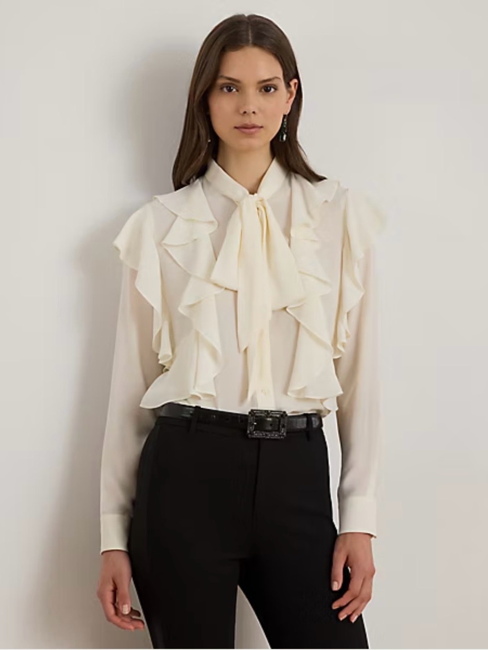 Lauren Ralph Lauren Women’s M Cream Ruffle Tie Neck Blouse Long Sleeve NWT
